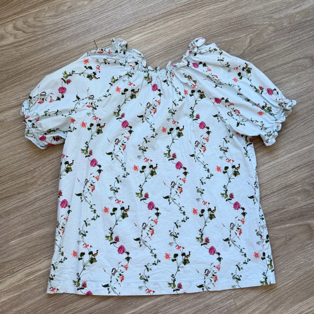 Hill House Women’s Pond Floral Blue Kit Ruffle Top Blouse Sz S EUC 97% Cotton